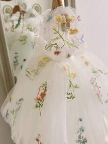 女嬰刺繡花瓣袖露背鏤空網紗公主禮服，適合女孩生日派對、花童、婚禮、重要場合、節日慶祝禮服 - 白色 - 查看 4