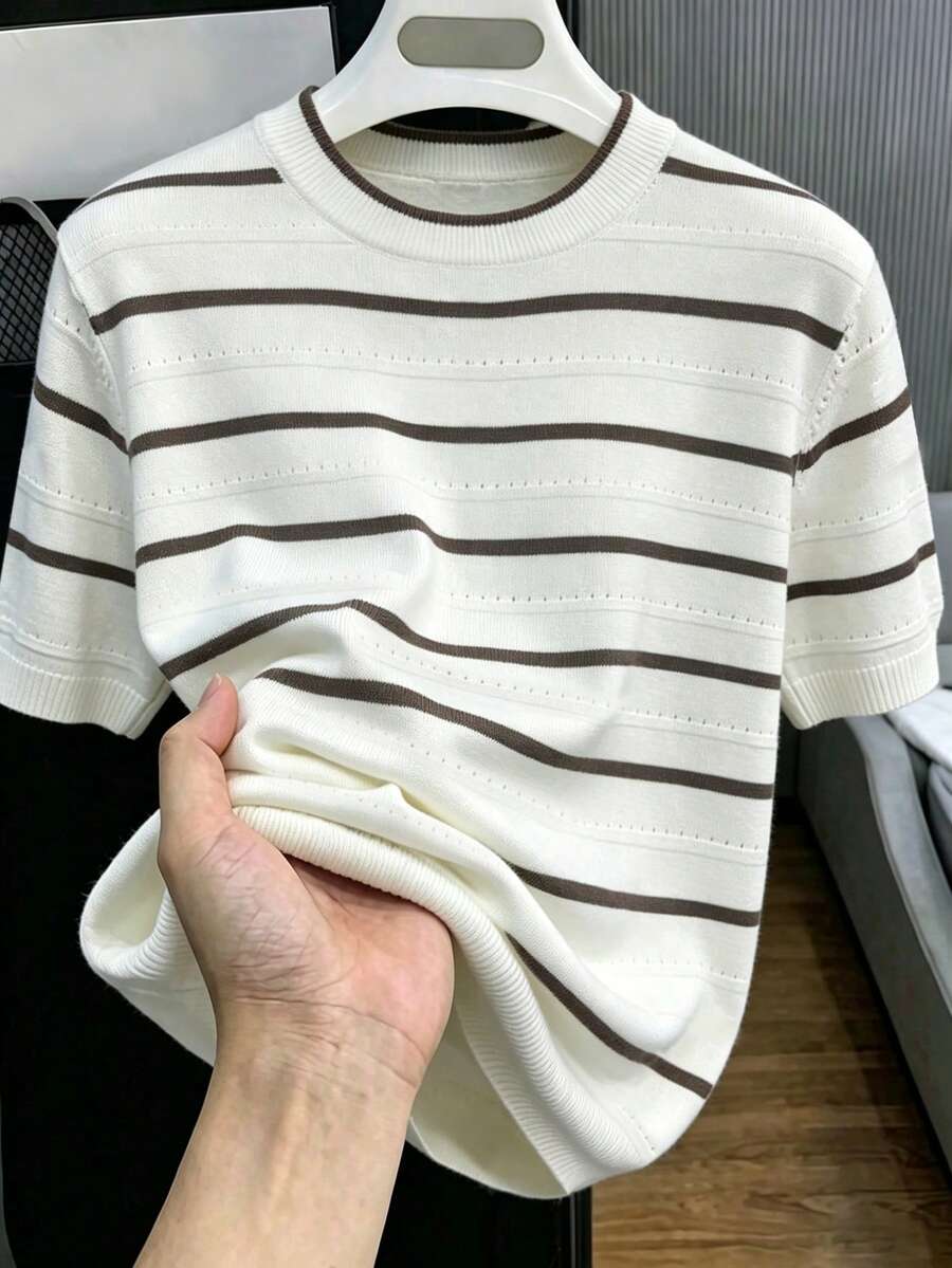 Men's Summer Round Neck Knit Striped Contrast Color Casual Pullover - White - View 1
