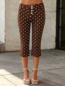 Womens Capri Pants Elegant Solid Color Front Button Decor Slim Fit Cropped Trousers For Daily Wear Party Vacation - Dark Brown - View 4