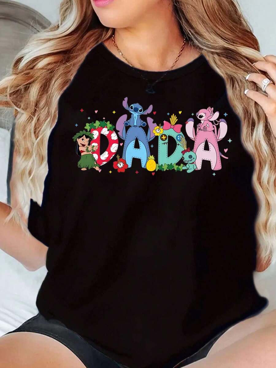 Stitch And Lilo Dada Print Disney Women T Shirt Round Neck Short Sleeve Casual Summer Wear For Father S Day Soft Comfortable 220g - màu đen - Xem 1
