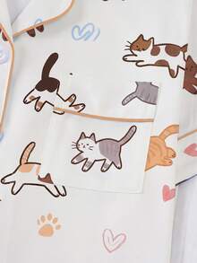 2pcs/Set Women's Pajama Set, Cat Print, Women's Loungewear, Spring/Summer Holiday Outfit, Short Sleeve Top And Shorts Set - Apricot - View 5