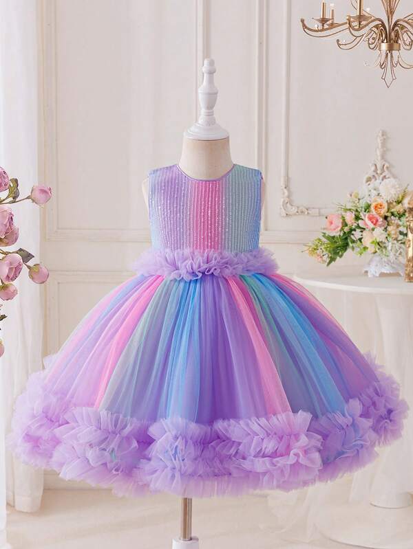 2026 Summer New Girls Rainbow Sequin Princess Dress, Baby Sleeveless Ombre 7-Color Tulle Puffy Skirt, Little Girl Flower Girl Birthday Party Dress, Layered Colorful Tulle Rainbow Dress