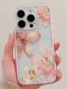 1件創意粉色百合花圖案軟邊透明全包覆防震手機保護殼，適用於11 12 13 14 15 16 17 Pro Max/Plus、A56/55/54/53/52/51、S26/25/24/23/22/21 Ultra系列，優雅禮物，美學風格 - 粉色 - 查看 3