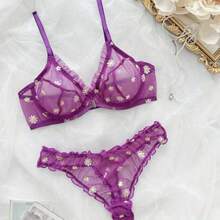 PetitDoll 2pcs/Set Romantic Embroidery Underwire Sexy Lingerie Set - 紫色 - 查看 1
