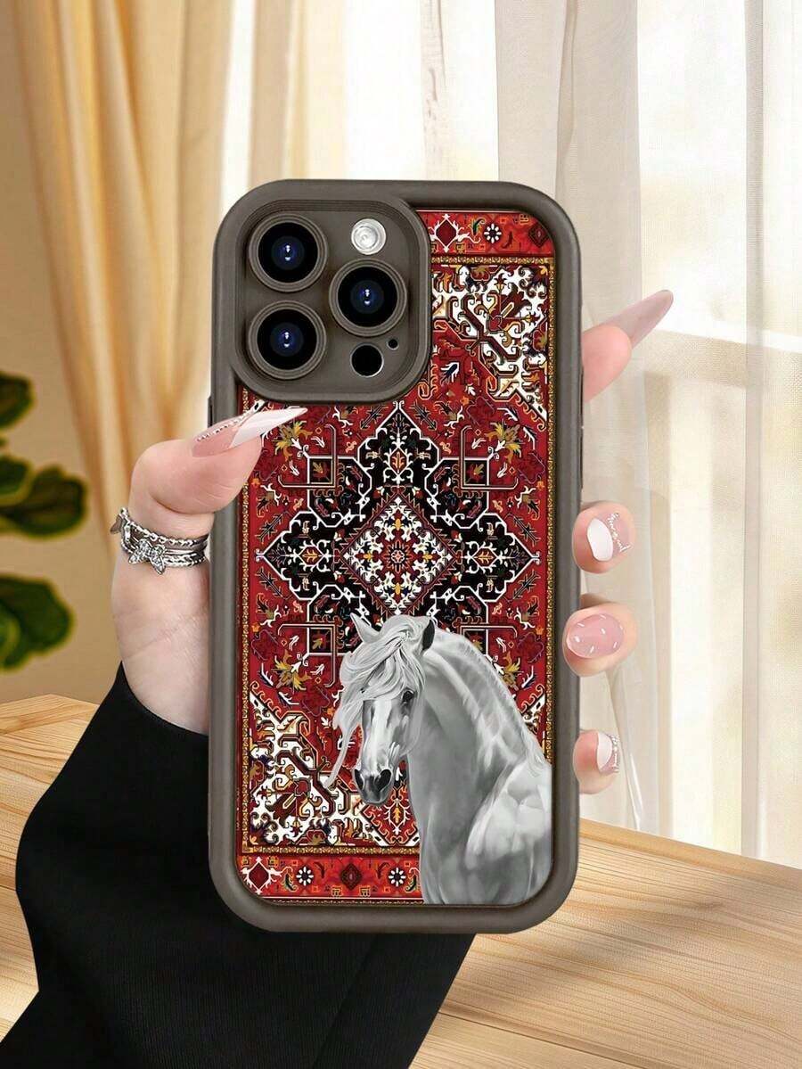1 Piece Phone Case With A White Horse Design On An Ornamental Carpet Background In Red And Gold Tones, Classic And Elegant Style Ideal For Lovers Of Traditional Art And Sophistication, Soft TPU, Full Impact And Anti-Slip Protection, Compatible With IPhone 17 ProMax/16/15/14/13/12/11/Plus/Pro/ProMax, Compatible With Galaxy A34/A35/A54/A55, Galaxy S20/S21/S22/S23/S24/S25 Ultra/Plus, Compatible With Galaxy//Honor// - 棕色 - 查看 1