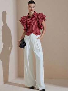 Aveloria Revavyn Blusa elegante de cuello alto con estampado de lunares retro francés, manga de pétalo, moda elegante y de alta gama para mujeres - Rojo - Ver 4