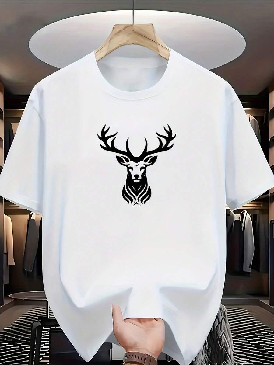 Men's Short-Sleeved, Crew-Neck T-Shirt With A White Deer Head Graphic On The Front. The Minimalist Design Conveys A Wild And Natural Feel While Remaining Elegant And Refined. Made From 100% Pure Cotton, This Casual Yet Sophisticated Style Is Ideal For Everyday Wear In Spring, Summer, And Autumn. The Regular Fit Is Suitable For Most Mexican Adults, And The Fabric Is Cool And Breathable. It's Also Machine Washable And Makes A Unique Gift For Nature Lovers And Those Who Appreciate Stylish Design. - 白色 - 查看 1