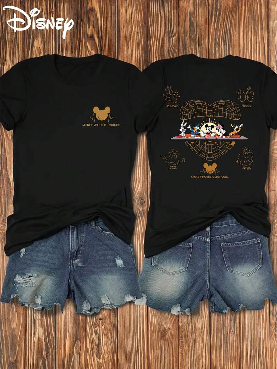Disney Circular Mickey Mouse House, Front And Back Print, Soft And Elastic Casual Short-Sleeve Top, Fashionable Short-Sleeve Round-Neck T-Shirt, Women's Clothing - màu đen - Xem 1