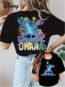 Disney Officially Licensed 100% Cotton T-Shirt, Unisex Short-Sleeve T-Shirt, Authentic Stitch Print, Soft And Skin-Friendly, Elastic, Casual Short-Sleeved Top, Fashionable Round Neck Short-Sleeved T-Shirt, Women's Clothing - 黑色 - 查看 6