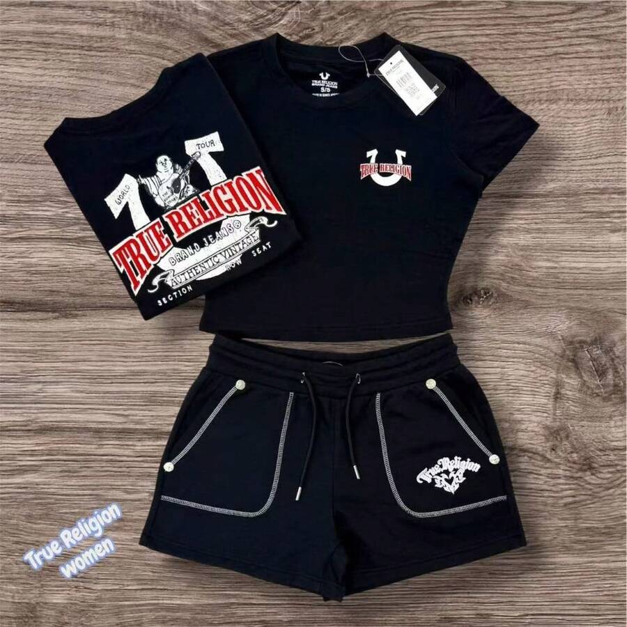 Style Red Logo Print Two-Piece Loungewear Set, Cropped Tee & Drawstring Shorts, Casual Streetwear & Athleisure - màu đen - Xem 1