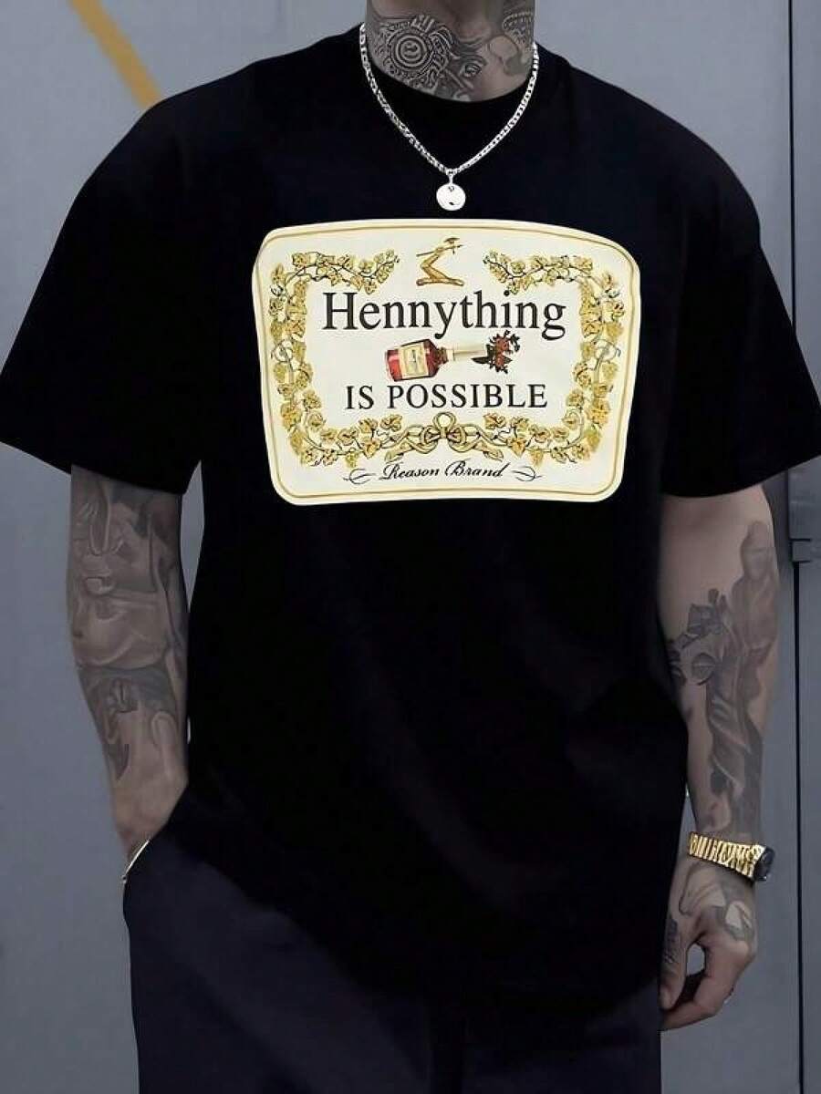 Elegant Party Dresses (Only Available For The Short-Sleeved Shirt Shown In The Image) Plus Size "Hennything Is Possible" Graphic Bottle Print T-Shirt For Daring Spirits And Those Who Believe In Limitless Potential, 100% Cotton Ins-Style Slim-Fit Round Neck Short-Sleeved Shirt With Exquisite Print - 黑色 - 查看 1