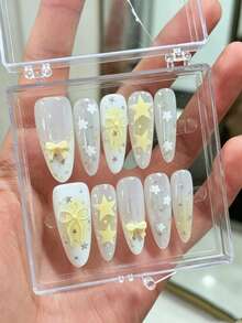 Summer New 10pcs Handmade Long Pointed Press-On Nails, Soft Cream Yellow Gradient Fake Nails, Glitter Transparent Base, 3D Cream Bow, Large & Small Star Sequins & Tiny Flower Sequins Decoration, Includes Jelly Glue & Nail File - Follow Your Heart - View 3