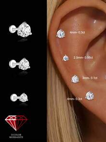 1Pc -2/3/4mm Moissanite 925 Sterling Silver Earrings For Women Classic Stud Earring Helix Cartilage Flat Back For Daily Wear Wedding Fine Jewelry - Silver - View 14