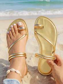 planare New Women's Summer Gold Flat Sandals, Fashionable Casual Vacation Style Strap Open Toe Slip-On, Comfortable Non-Slip, Suitable For Daily Commute, Home, Outdoor In Summer, Comfortable Beach Sandals, Ladies Flip Flops - Gold - View 3