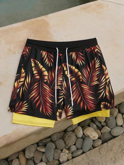 Open Phase Men's Colorblock Casual Beach Shorts, Men's Double-Layer Beach Shorts
