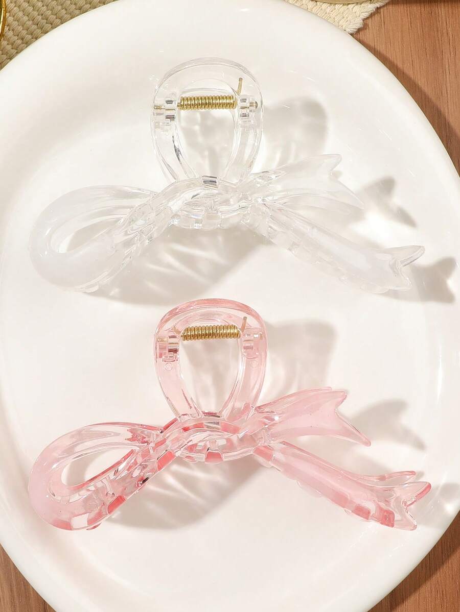 2件/組透明粉色與白色蝴蝶結髮爪夾,後腦勺髮髻半紮髮夾,高顱頂髮爪,馬尾夾,甜美溫柔少女風,清新柔美可愛髮飾,適合旅行、度假、約會、購物、下午茶 - 彩色 - 查看 1