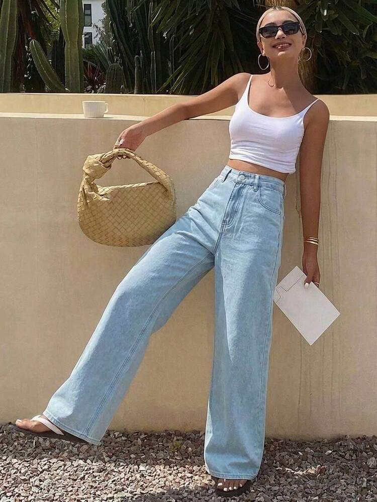 Vaqueros rectos casuales y holgados de verano para mujer - Azul - Añade 3