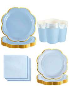 10pcs/20pcs/50pcs/80pcs Blue/Light Blue Gold Rim Paper Tableware Set, Blue 9" Dinner Plates + Light Blue 7" Dessert Plates + Blue Paper Cups + 6.5" Blue/Light Blue Paper Napkins, Scalloped Paper Plates For 1st Birthday, Baptism Party,Birthday,Wedding,Events,Festival,Picnic,Family Gathering Supplies Men Women - Blue Background With Gold Trim - View 3