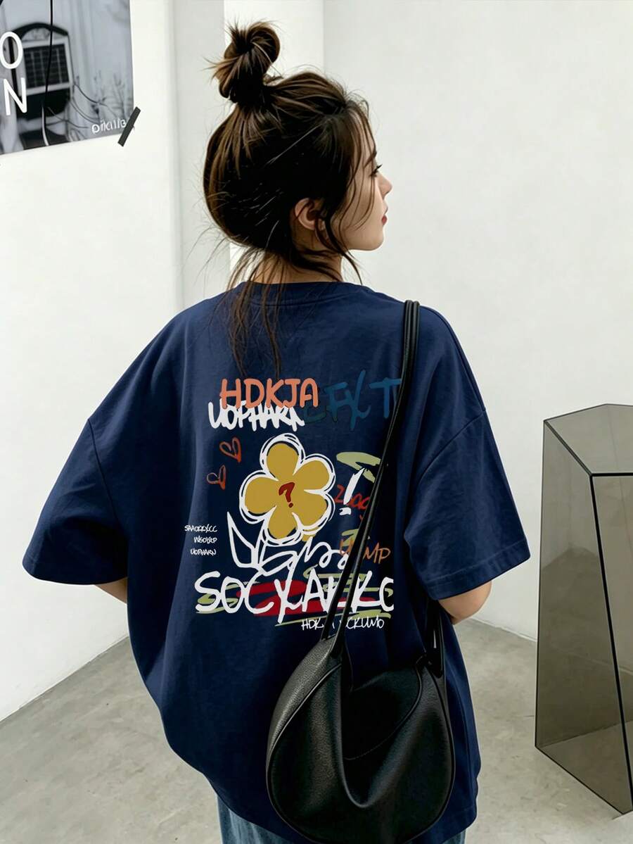 休闲宽松圆领卡通印花短袖T恤,适合春夏女士穿着,百搭时尚 - 深藍 - 查看 1