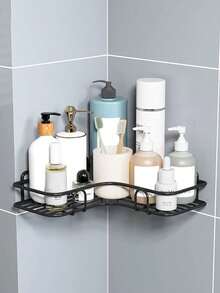 2pcs Easy Install Corner Shower Caddy - No Drilling Metal Bathroom Shelf For Toiletries And Storage, Bathroom Shower Curtain Set - Black - View 3