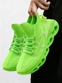 Men's Green Knit Sock Sneakers, Breathable Patterned Athletic Shoes With Non-Slip Wave Sole For Running, Hiking & Daily Wear - Fluorescent Green - View 1