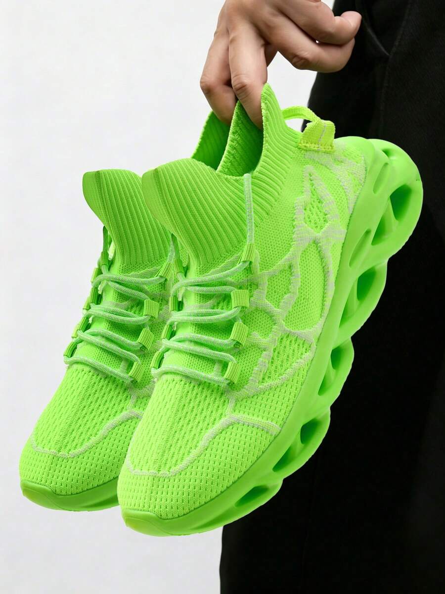 Men's Green Knit Sock Sneakers, Breathable Patterned Athletic Shoes With Non-Slip Wave Sole For Running, Hiking & Daily Wear - Fluorescent Green - View 1