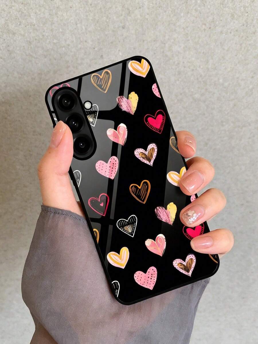 1pc High-Definition Colorful Heart Pattern Luxury Glass Phone Case, Compatible With Galaxy S26Ultra/S26PLUS/S25Ultra/S24/S23 Ultra/A16/A56/A55/A35/A34/A33/A25, 10pro/9/8/7, Fashionable Niche Design, Ideal Gift For Christmas, Valentine's Day, Easter, Wedding Season, Graduation Season, Vacation Season, Back To School Season, And Birthdays - Black - View 1