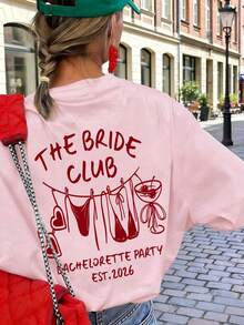 1件女款夏季寬鬆休閒短袖T恤，Bride Club裝飾蝴蝶結The Bride Club英文印花圖案粉色上衣 - 粉色 - 查看 3