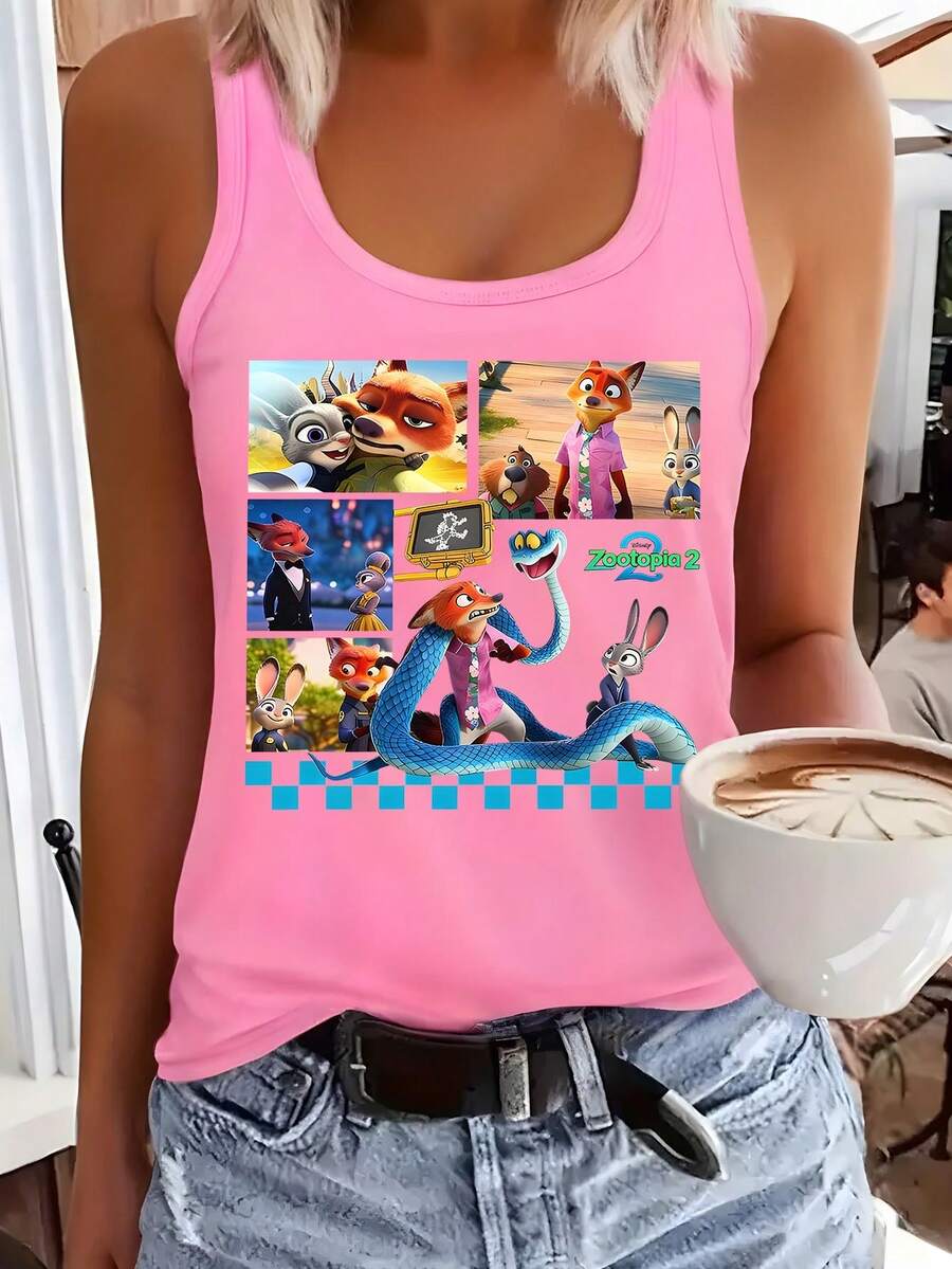 Disney Zootopia Coquette Tank Top For Women, Racerback Sleeveless Shirt With Judy & Nick Framed Print, Lightweight Breathable Tee For Theme Park Vacation, Casual Daily Wear And Summer Trip - 粉色 - 查看 1