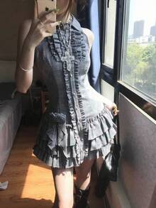 Summer Japanese Y2K Sweet Vintage Elegant Woman Sexy Retro Design Harajuku Dress Female Plaid Korea Style Chic Outfits New  Slim Fit Princess A Line Short Mini Bodycon Streetwear - Gray - 查看 5