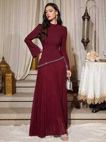 Women's Solid Color Mandarin Collar Asymmetrical Rhinestone Cuff Ruched Dress, Soft Fit & Flare Birthday Party Gown, Non-Stretch Wedding Spring - Burgundy - View 3