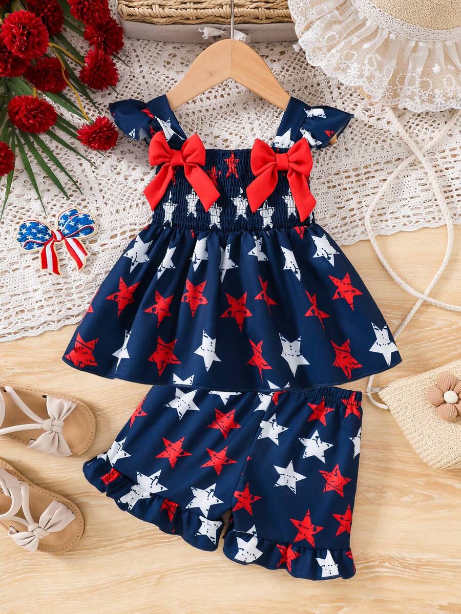2pcs/Set Girls' Cute Sweet Bowknot Decor Star Print Camisole Top & Ruffle Hem Shorts Set - Dark Wash - View 1
