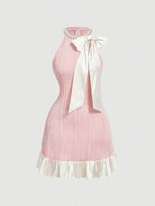 xheSHEIN MOD Vestido mini rosa para mujer con lazo beige y decoración de perlas, vestido corto de invierno, vestido formal, vestido de fiesta, vestido de Año Nuevoxhe - Rosa 2 - Ver 2