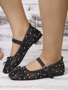 New Women's Buckle Bow Square Toe Mesh Mary Jane Lace Flower Flat Shoes, Solid Color, Fashionable, Elegant, Vacation, Bohemian, Casual, Floral Flat Shoes, Party, Summer - Black - View 3