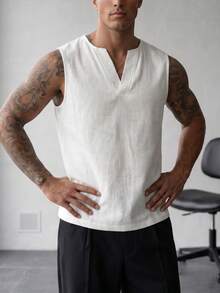 glestore Men's Retro-Style Sleeveless T-Shirt With A Linen-Like Texture: Comfortable And Stylish, This Lightweight, Slightly Sheer Piece Is A Versatile Choice. - White - View 3