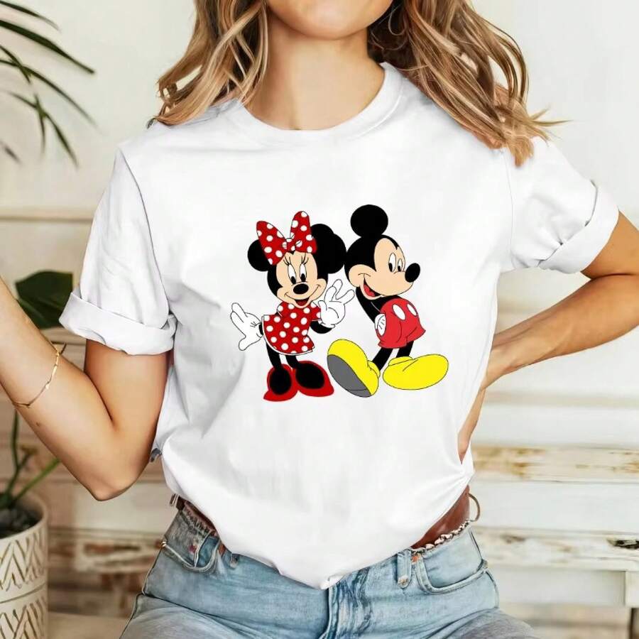Disney Mickey Mouse And Minnie Mouse T-Shirt Women's Men's Unisex 1 -- Disneys Disneyland Paris The Magic Kingdom Disneyesque B6Holiday Gifts Valentine's Day Gifts Earth Day Gifts Oktoberfest Gifts Summer Bank Holiday Gifts - White - View 1