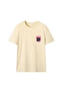Women's Round Neck Short Sleeve T-Shirt, Summer New Cat Pattern & Letter Print, Casual Loose Versatile Top, Fashionable Daily Wear - Apricot - View 4