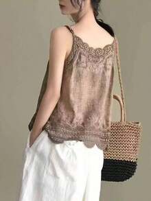 Camiseta de verano de mujer con diseño vintage, casual y holgada, de unicolor, con bordados y encaje calado - Negro - Ver 9