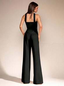 Set de 2 piezas para mujer con top sin mangas de cuello de halter y pantalones largos para el verano, estética de oficina y uso diario - Negro - Ver 3