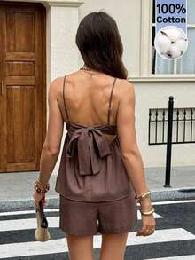 Conjunto informal de 2 piezas de top de tirantes con volantes en el bajo y shorts de unicolor para mujer - Marrón - Ver 6