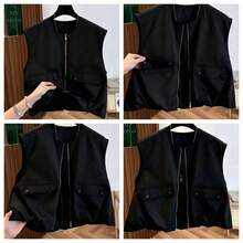 Chaleco corto sin mangas para mujer, con dobladillo de burbuja de unicolor fresco de otoño, cuello redondo con cremallera, de moda y versátil, ajustado para vacaciones de verano - Negro - Ver 5