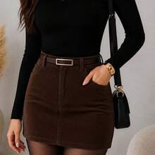 Women's Corduroy Short Skirt With Elegant High-Waisted Belt - Rust Brown - View 7