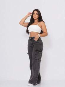 Graphite Cargo Jeans For Women, Wide Leg, 100% Cotton, 2 Pockets, Simple, Casual, Elegant, Sensual, Cargo Pockets, Zipper - 深灰色 - 查看 6