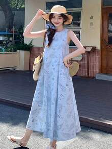 Đầm không tay in hoa lá thanh lịch Y6Y dành cho nữ, thích hợp cho mùa hè. - Màu xanh lam - Xem 5