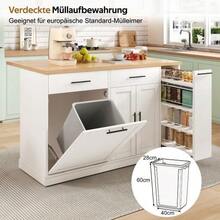 Kitchen Island On Casters With Fold-Down Worktop, Kitchen Trolley With Waste Bin, 4-Tier Spice Rack, 2 Drawers And Lockable Casters, 120 * 45 (70) * 93 Cm - White - View 6