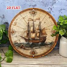 2D Flat Vintage Metal Sign - Old World Map, Detailed Sailing Ship, Framed Wall Art, Suitable For Living Room Decor, Ideal For Expressive Zones, Indoor Use, New Year Gift, 19.81x19.81cm, Coastal Home Decor, Perfect For Room Decoration (Random Hole Position) - A - View 3
