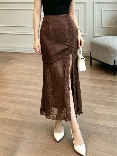 Chân váy đuôi cá bằng vải satin màu cà phê đậm dành cho nữ, phối ren tương phản, xẻ tà, kiểu dáng cổ điển thanh lịch, thích hợp mặc hàng ngày, hẹn hò hoặc đi làm.