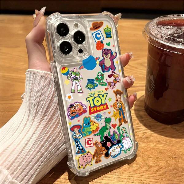 Disney TOY STORY ロゴカラフルステッカー風おもちゃキャラ総柄クリア TPU スマホケース 衝撃吸収 Phone11/12/13/14/15/16Plus/ProMax 対応