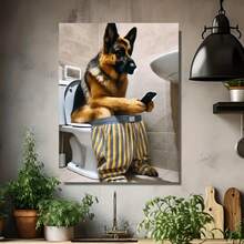 Póster e impresión plano 2D de perro pastor alemán, 1 pieza - Arte humorístico de teléfono cepillándose en el inodoro, apto para regalos de regreso a clases y graduación, pintura moderna en lienzo sin marco para decoración de sala, dormitorio, baño - Arte de pared peculiar de pastor alemán, plano 2D - Enmarcado - Ver 4