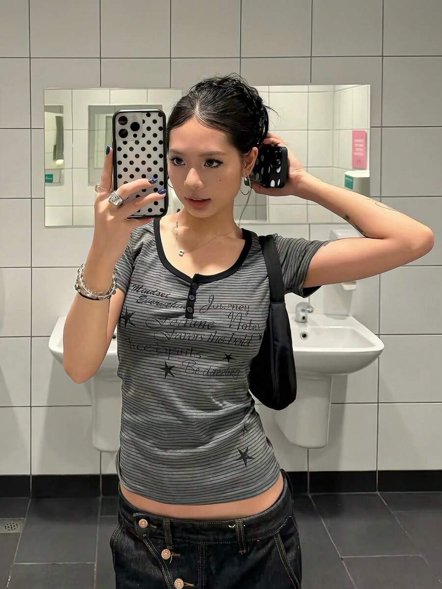 Áo thun nữ in sọc phong cách retro Mỹ, dáng ôm, đa năng, hàng mới về mùa hè. - Xám - Xem 1